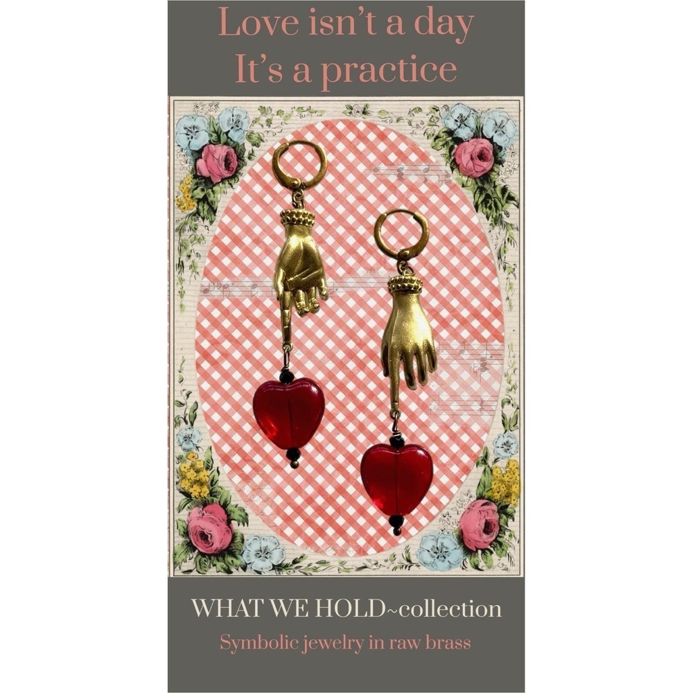 Raw Brass Hand Heart Earrings| Folk Art Boho